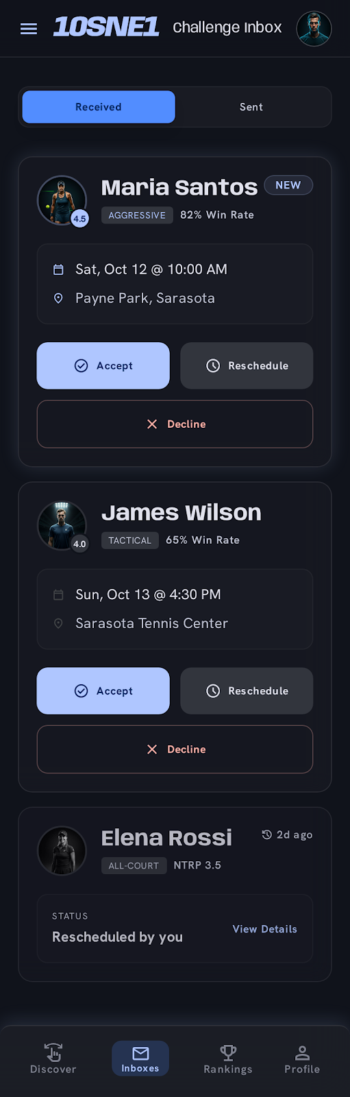 10SNE1 player listing with contact details on mobile