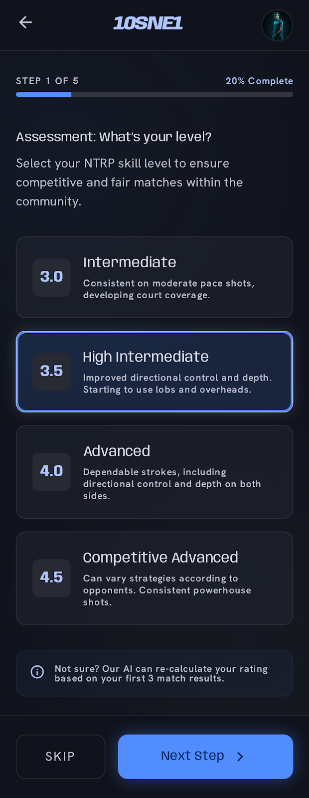 10SNE1 registration screen for skill level and availability
